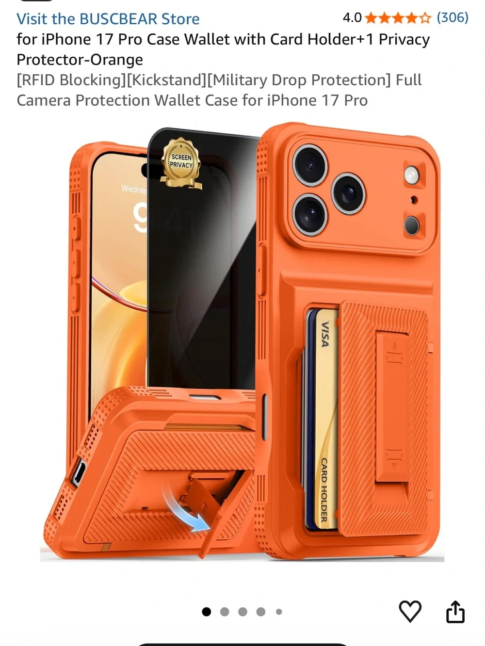 iPhone 17 Pro Rugged Wallet Case with Card Holder — Orange NEW sturdy case